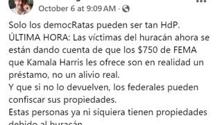 Verificación de Datos: Ayuda de FEMA a Víctimas de Helene NO es un Préstamo y NO se Confiscan sus Propiedades por Falta de Pago 