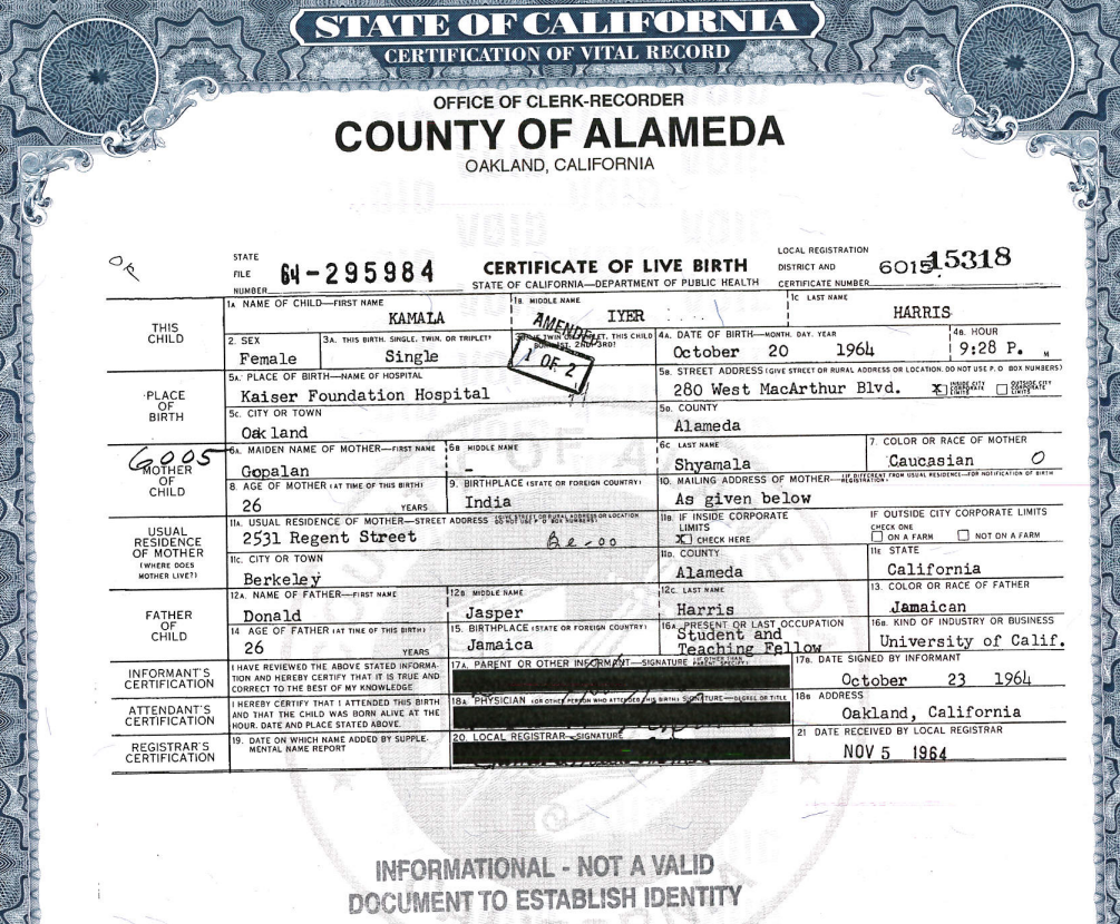 kamala birth certificate.png